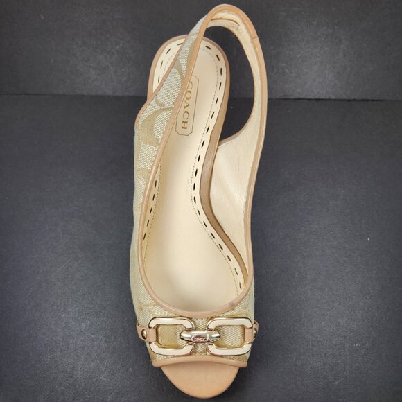 EUC - Coach Cynthia Signature Wedge Peep Toe Sandal Khaki Size 6B - Picture 9 of 16